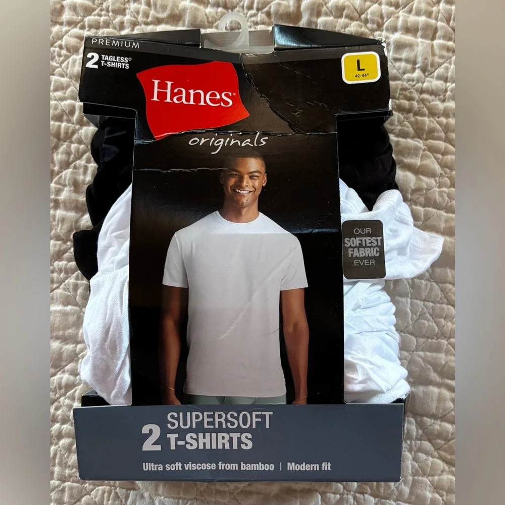 Hanes Originals Premium Men's SuperSoft Crewneck Undershirts 2-Pk Black/White Lg